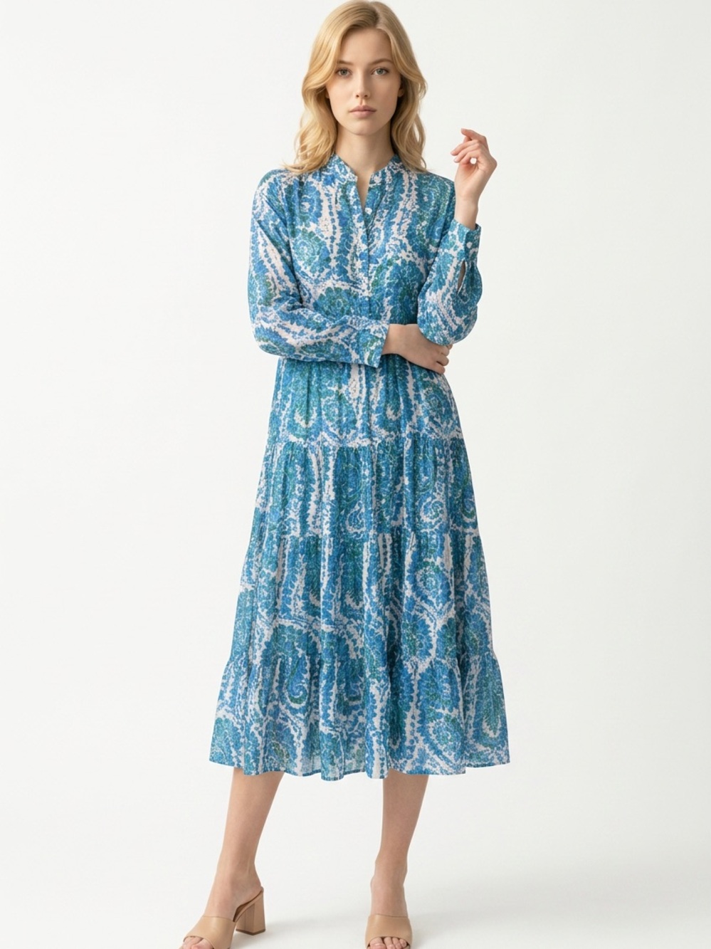 CHOKLATE PARIS | Blue Green Printed Tiered Long-Sleeve Midi Dress Women’s Size S